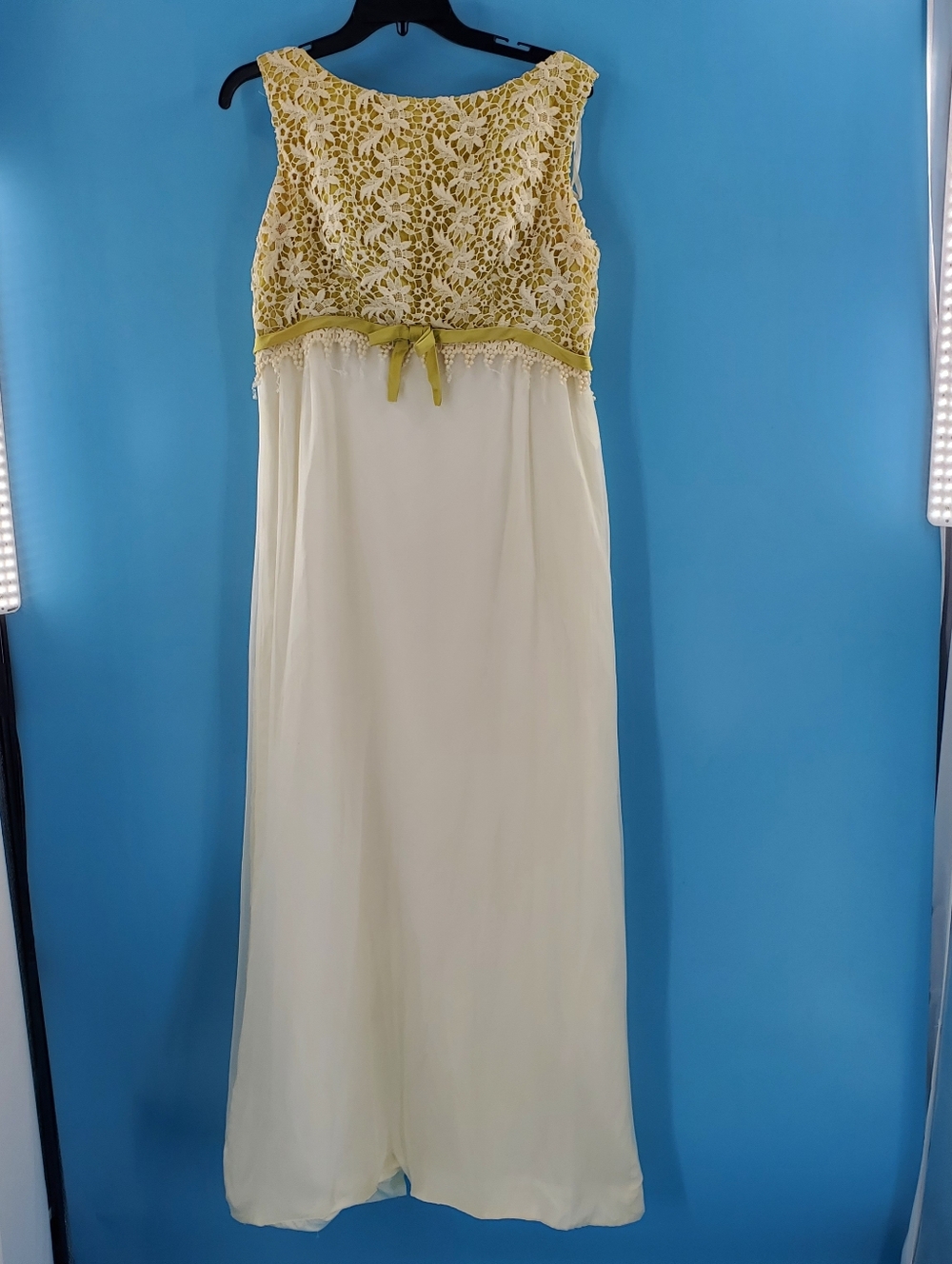 Vintage green and ivory empire waist gown 1960s